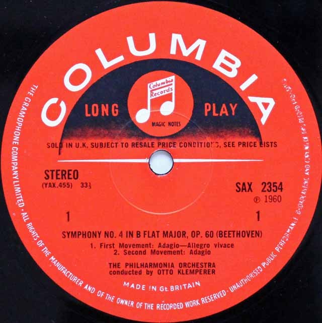 英Columbia SAX2354　ベートーヴェン「交響曲第4番」　クレンペラー LP レコード クレンペラーのベートーヴェン/交響曲第4番ほか 英