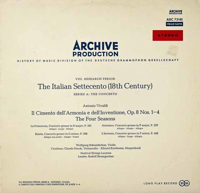 【赤ステレオ】　シュナイダーハン、バウムガルトナーのヴィヴァルディ/「四季」　独ARCHIV　3898　LP レコード