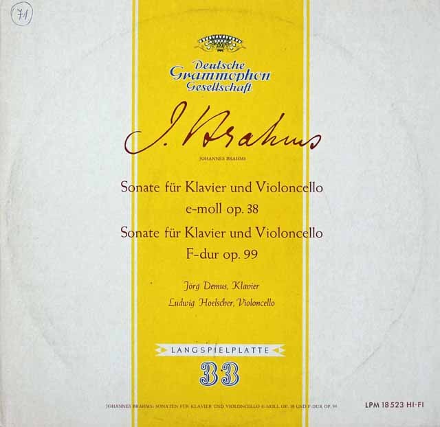 ヘルシャー&デームスのブラームス/チェロソナタ第1&2番　独DGG　2821　LP レコード