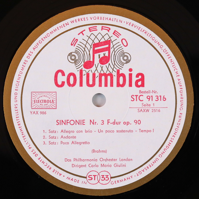 英Columbia SAX2518　ブラームス 交響曲第３番　ジュリーニ LP レコード ジュリーニのブラームス/交響曲第3番 独Columbia 3299