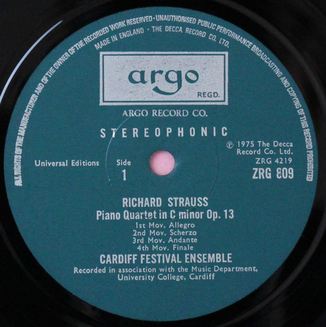 カーディフ祝祭合奏団のR.シュトラウス、レーガー/ピアノ四重奏曲集 英argo 3519 LP レコード