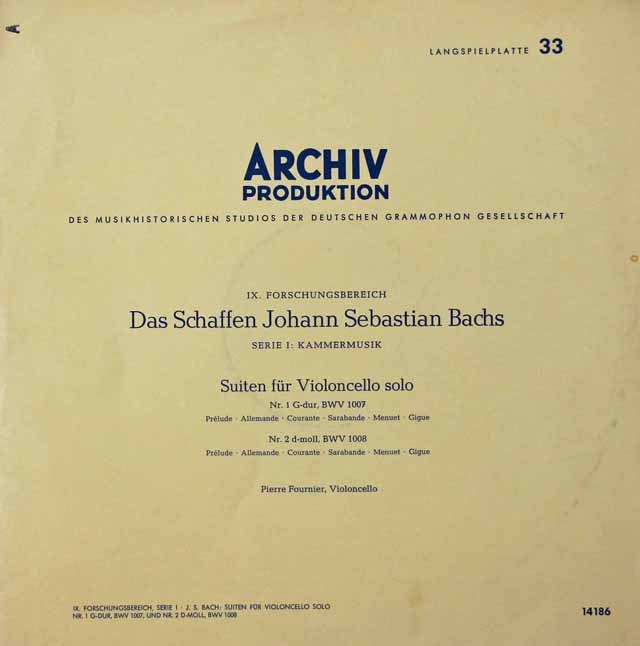 フルニエのバッハ/無伴奏チェロ組曲第1、2番　独ARCHIV　2828　LP レコード
