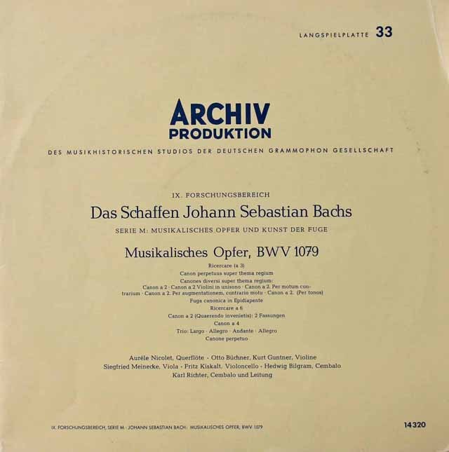 ニコレ、リヒターらのバッハ/音楽の捧げもの　独ARCHIV　2828　LP レコード