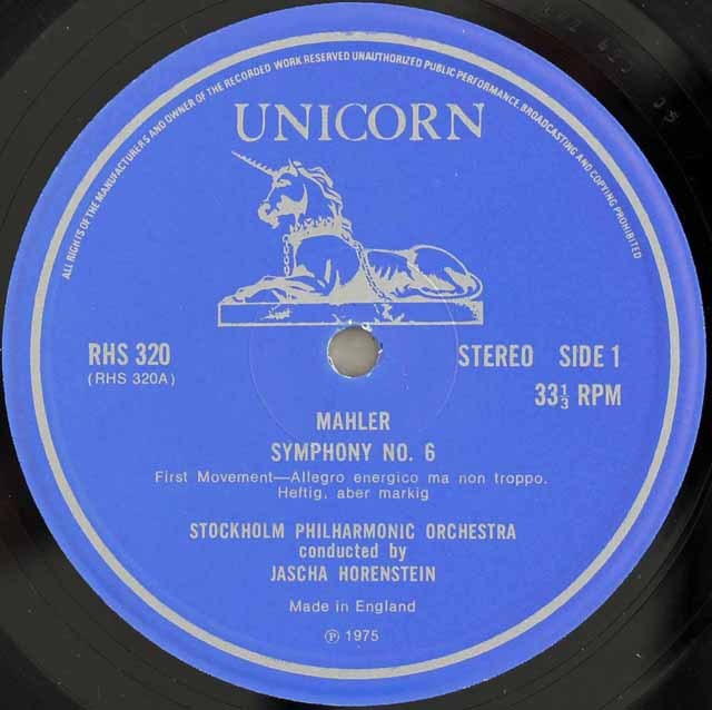 英Unicorn　マーラー 交響曲第６番　ホーレンシュタイン　ストックホルム管 英Unicorn マーラー 交響曲第6番 ホーレンシュタイン