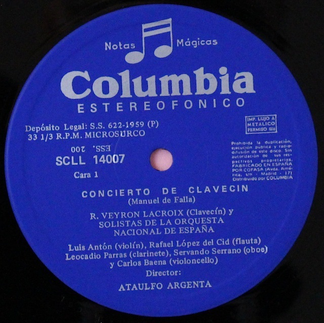 LP レコード アルヘンタのファリャ/「ペドロ親方の人形芝居」ほか スペインColumbia 2818