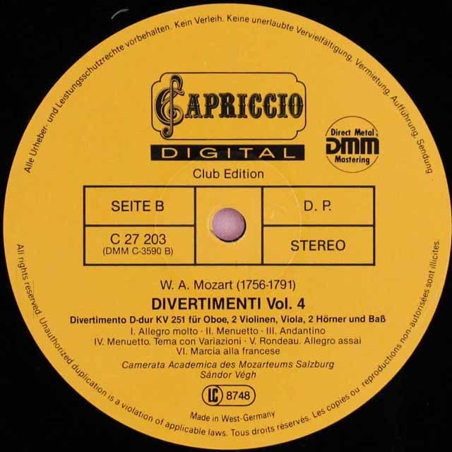 LP レコード ヴェーグのモーツァルト/ディヴェルティメント第10&11番