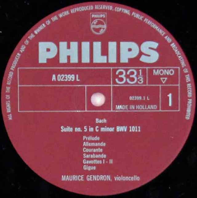 オランダ盤 無伴奏チェロ組曲第3 バッハ (1964) Gendron 3, No. Suite
