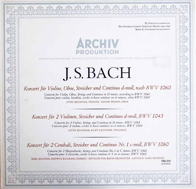 リヒターらのバッハ/協奏曲集  　独ARCHIV　2934　LP レコード