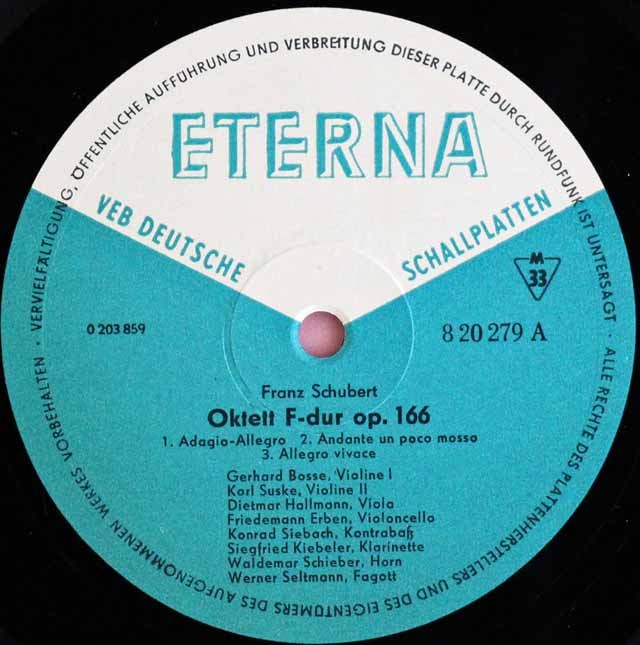LP レコード ボッセ、ズスケらのシューベルト/八重奏曲 独ETERNA 3398