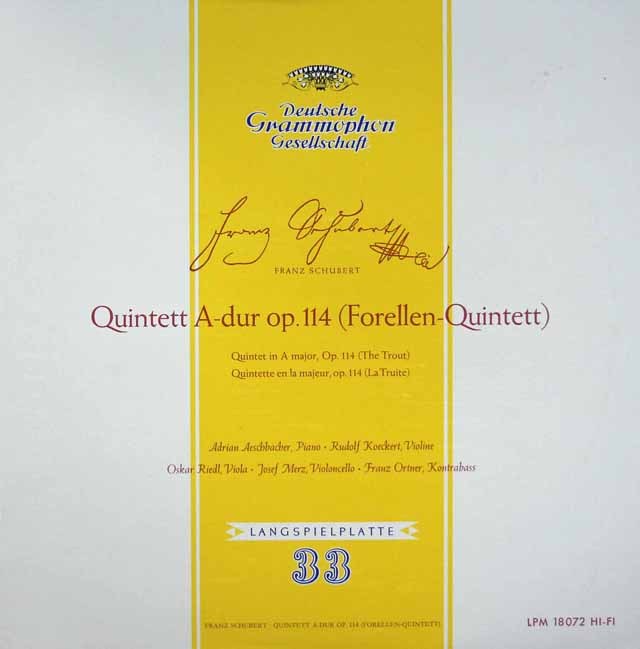 エッシュバッハー、ケッケルト四重奏団らのシューベルト/ピアノ五重奏曲「ます」　独DGG　3635　LP レコード