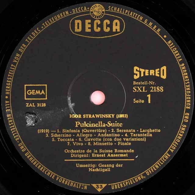 アンセルメのストラヴィンスキー/組曲「プルチネルラ」ほか 独DECCA 3636 LP レコード