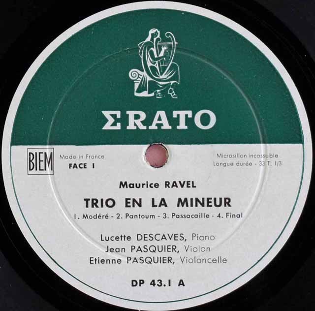 仏Erato　ラヴェル ピアノトリオ　リュセット・デカーヴ　パスキエ・トリオ LP レコード パスキエ・トリオらのラヴェル/ピアノ三重奏曲 仏ERATO
