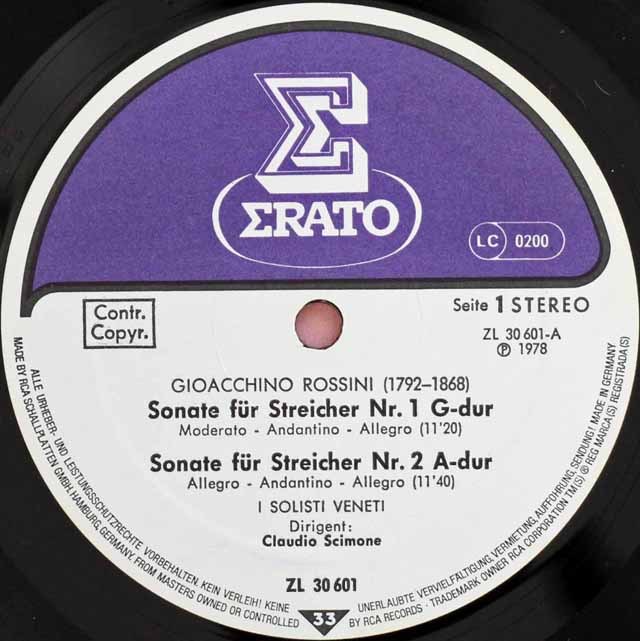 LP レコード シモーネ&イ・ソリスティ・ヴェネティのロッシーニ/弦楽のためのソナタ第1~4番 独ERATO 3392