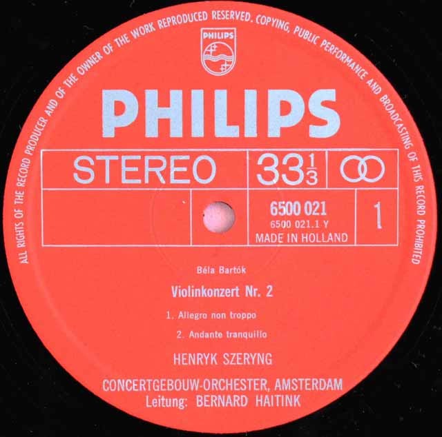 LP レコード シェリング、ハイティンクのバルトーク/ヴァイオリン