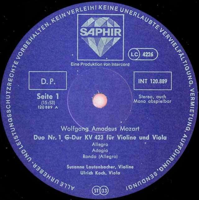 LP レコード ラウテンバッハー、コッホのモーツァルト/ヴァイオリンとヴィオラのための二重奏曲第1、2番 独SAPHIR 3426