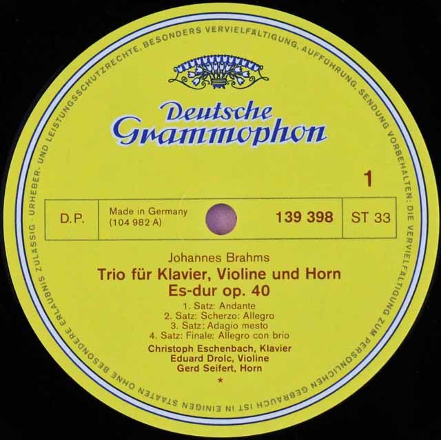 LP レコード エッシェンバッハ、ザイフェルト、ライスターらのブラームス/ホルン三重奏曲、クラリネット三重奏曲 独DGG 3496