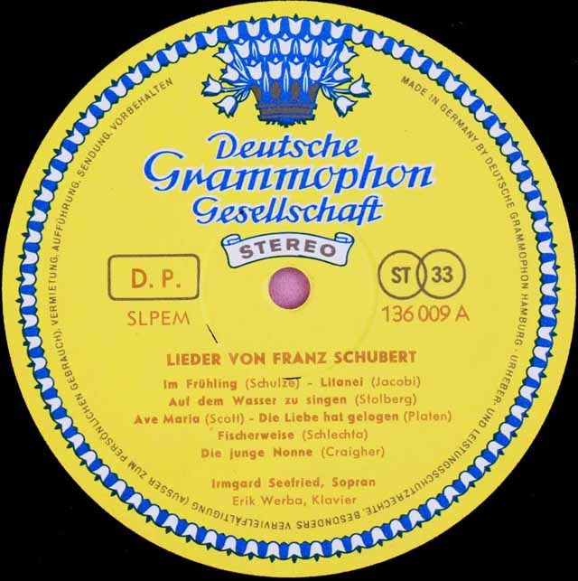 ゼーフリートのシューベルト/歌曲集 独DGG 3496 LP レコード