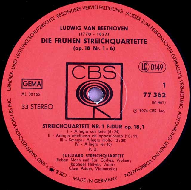ジュリアード四重奏団のベートーヴェン/初期弦楽四重奏曲集 独CBS 3109 LP レコード