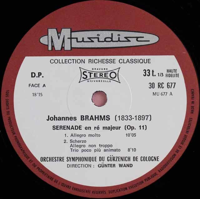 LP レコード ヴァントのブラームス/セレナード第1番 仏Musidisc 3741