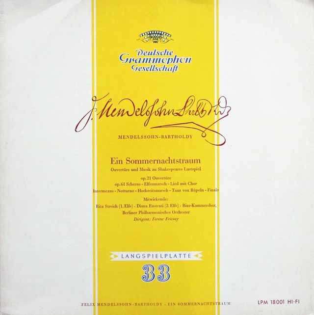 フリッチャイのメンデルスゾーン/「真夏の夜の夢」 　独DGG　3495　LP レコード
