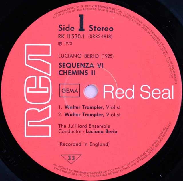 ベリオの自作自演/セクエンツァVIほか 独RCA 3495 LP レコード