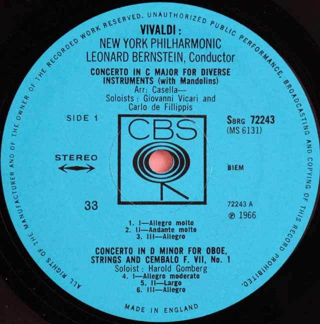 ヴィヴァルディ協奏曲　四季　レコード　LP LP レコード バーンスタインのヴィヴァルディ/ヴァイオリン