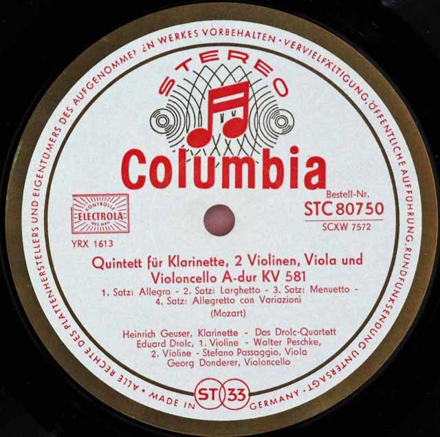 LP レコード ゴイザー&ドロルツ四重奏団のモーツァルト&ウェーバー/クラリネット五重奏曲集 独Columbia 3124