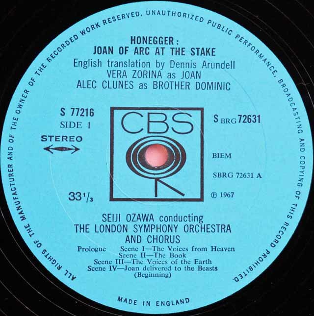 LP レコード 小澤のオネゲル/ 「火刑台上のジャンヌ・ダルク」 英CBS 3133