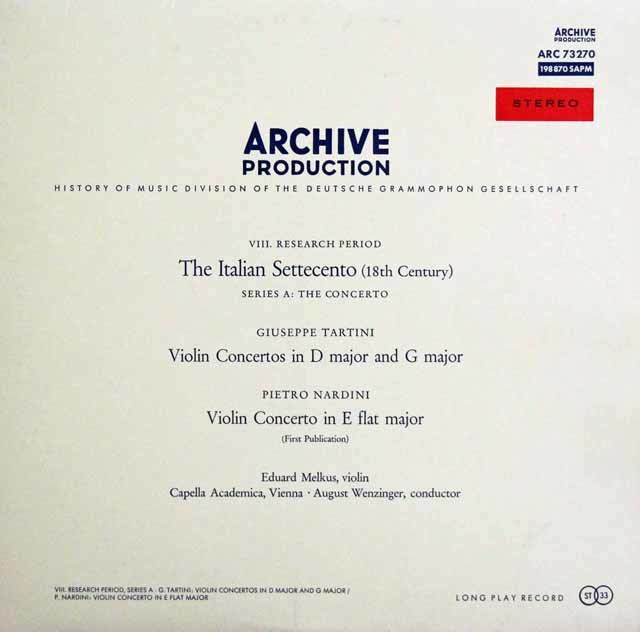 メルクス、ヴェンツィンガーのタルティーニ 、ナルディーニ/ヴァイオリン協奏曲集　独ARCHIV　3505　LP レコード