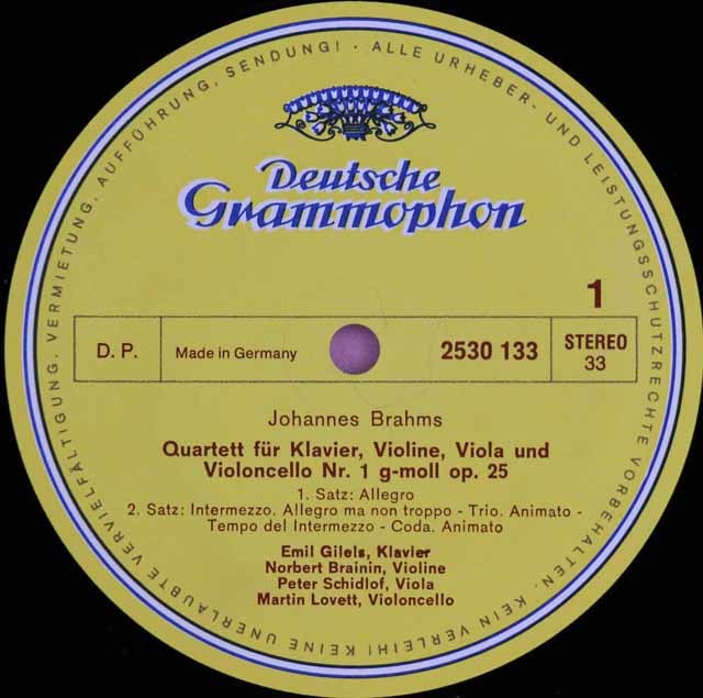 ギレリス、アマデウス四重奏団メンバーのブラームス/ピアノ四重奏曲第1番 独DGG 3597 LP レコード