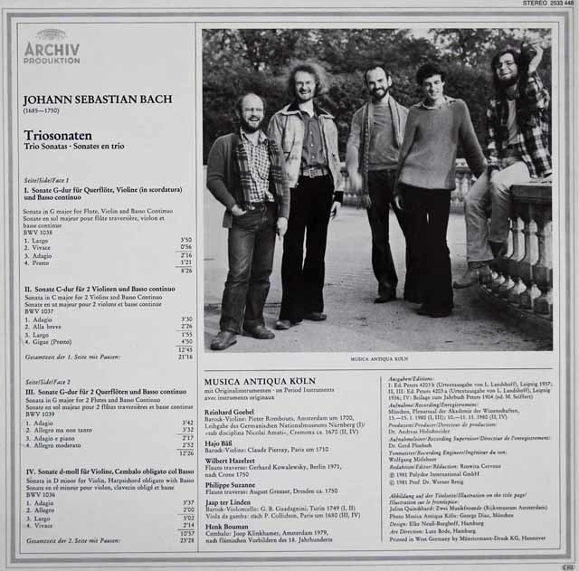 ムジカ・アンティクア・ケルンのバッハ/トリオ・ソナタ集 独ARCHIV 3597 LP レコード