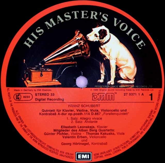 レオンスカヤ、アルバン・ベルク四重奏団のシューベルト/ピアノ五重奏曲「ます」 独EMI 3597 LP レコード