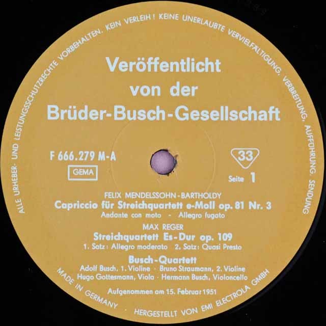 ブッシュ四重奏団のメンデルスゾーン、レーガー/弦楽四重奏曲集 独ブッシュ・ブリューダー協会 3597 LP レコード