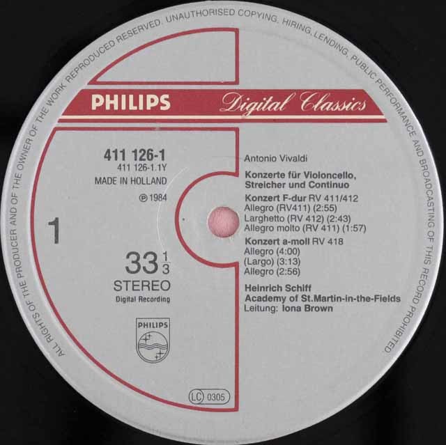 シフ、ブラウンのヴィヴァルディ/5つのチェロ協奏曲 蘭PHILIPS 3597 LP レコード