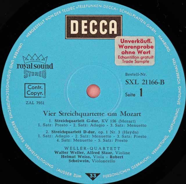 ウェラー四重奏団の「モーツァルト世代の4つの弦楽四重奏曲」 独DECCA 3597 LP レコード