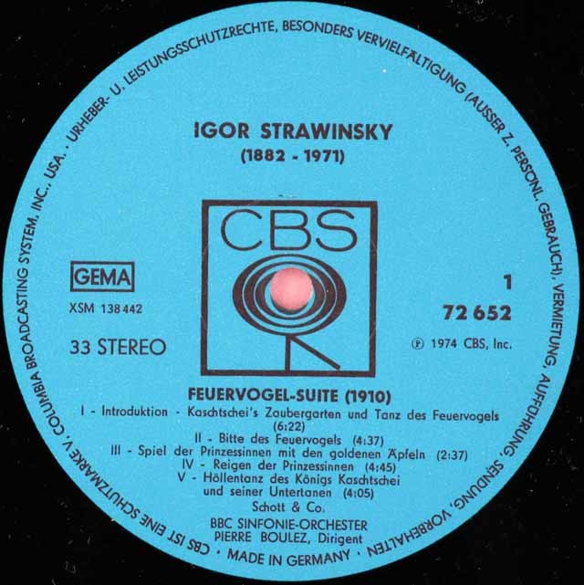 ブーレーズのストラヴィンスキー/「火の鳥」組曲(1910)ほか 独CBS 3597 LP レコード