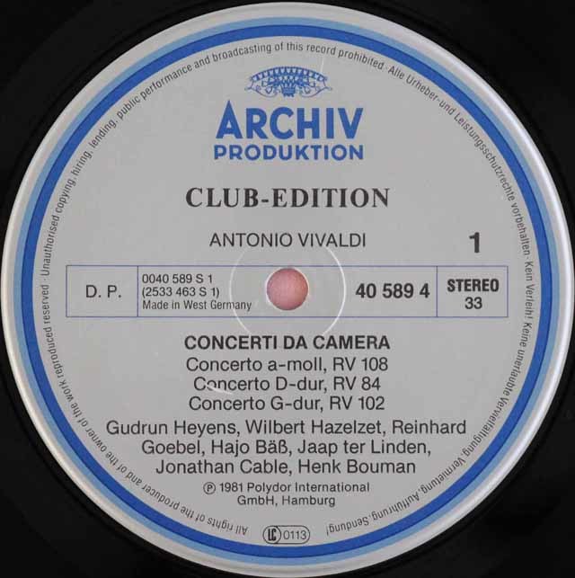 ムジカ・アンティクヮ・ケルンのヴィヴァルディ/室内楽曲集 独ARCHIV 3597 LP レコード