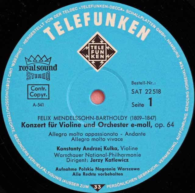 LP レコード クルカ、カトレヴィッツのメンデルスゾーン、グラズノフ