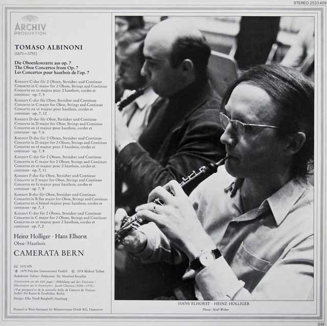 ホリガー、カメラータ・ベルンのアルビノーニ/オーボエ協奏曲集(作品7から) 独ARCHIV 3596 LP レコード