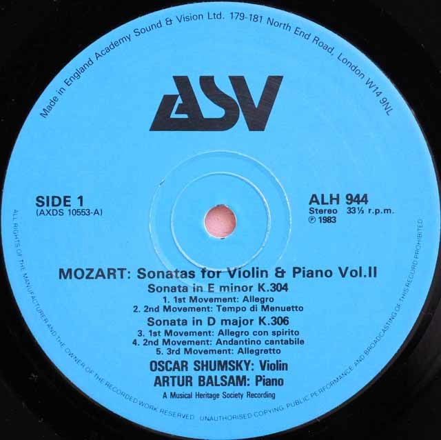 シュムスキー、バルサムのモーツァルト/ヴァイオリンソナタ第21番ほか 英ASV 3596 LP レコード