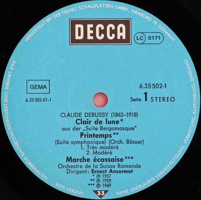 LP レコード アンセルメのドビュッシー/管弦楽曲集 独DECCA 3211