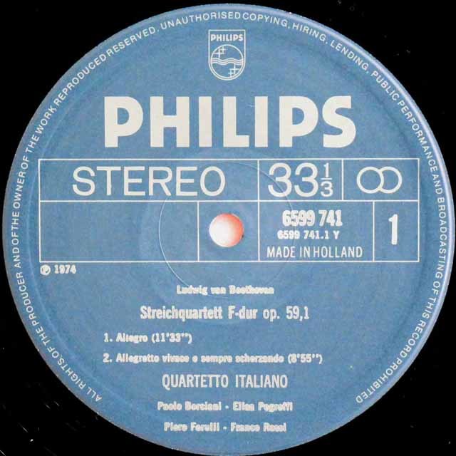 イタリア四重奏団のベートーヴェン/ラズモフスキー四重奏曲 蘭PHILIPS 3212 LP レコード