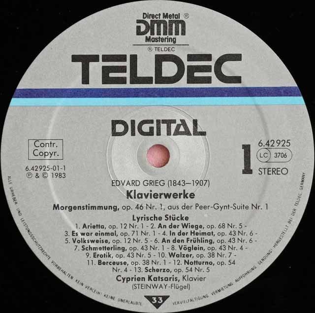 カツァリスのグリーグ/ピアノ曲集 独TELDEC 3596 LP レコード