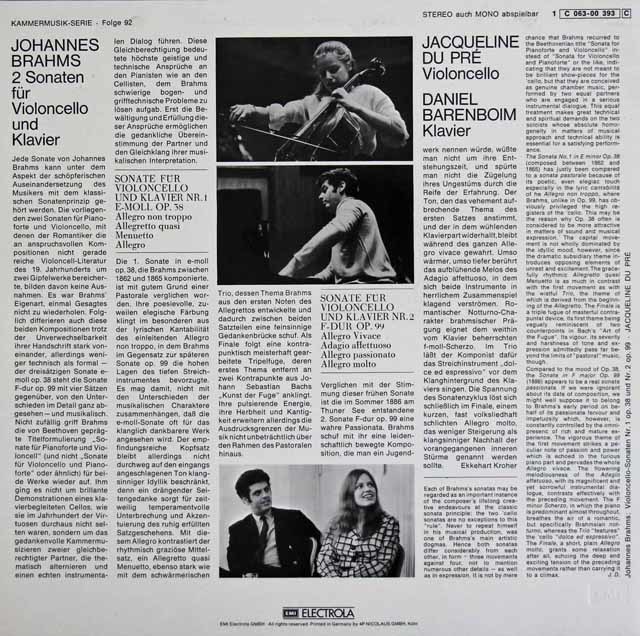 デュ・プレ、バレンボイムのブラームス/チェロソナタ第1、2番 独EMI 3596 LP レコード