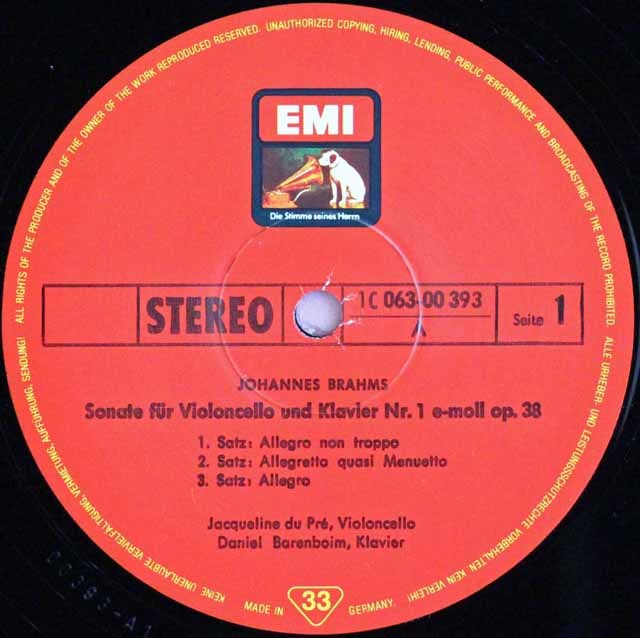 デュ・プレ、バレンボイムのブラームス/チェロソナタ第1、2番 独EMI 3596 LP レコード