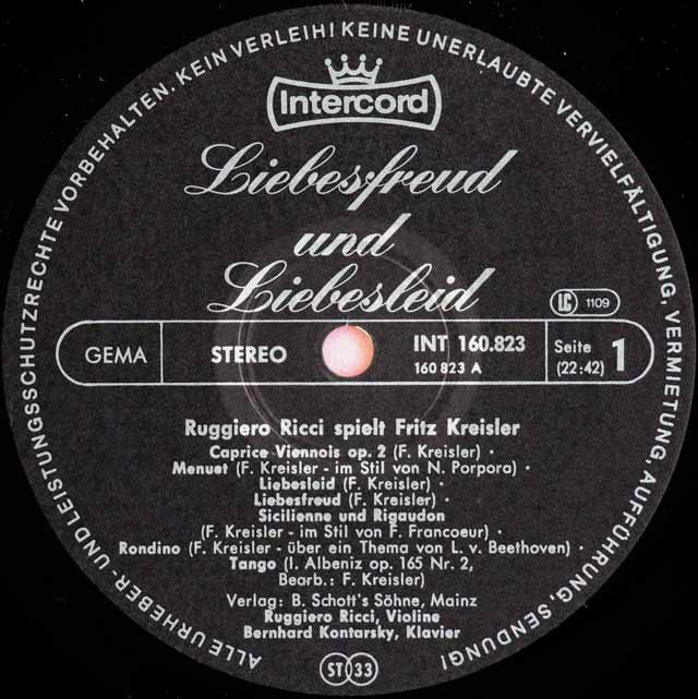 リッチ、コンタルスキーのクライスラー/ヴァイオリン作品集 独Intercord 3596 LP レコード