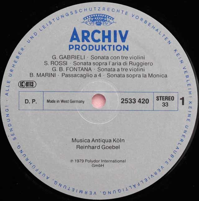 ムジカ・アンティクヮ・ケルンの初期イタリアのヴァイオリン音楽 独ARCHIV 3595 LP レコード