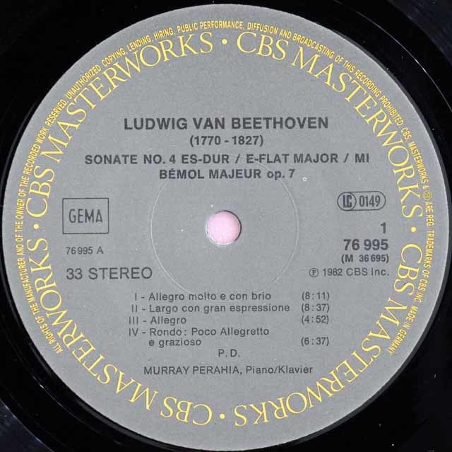 ペライアのベートーヴェン/ピアノソナタ第4、11番 独CBS 3595 LP レコード