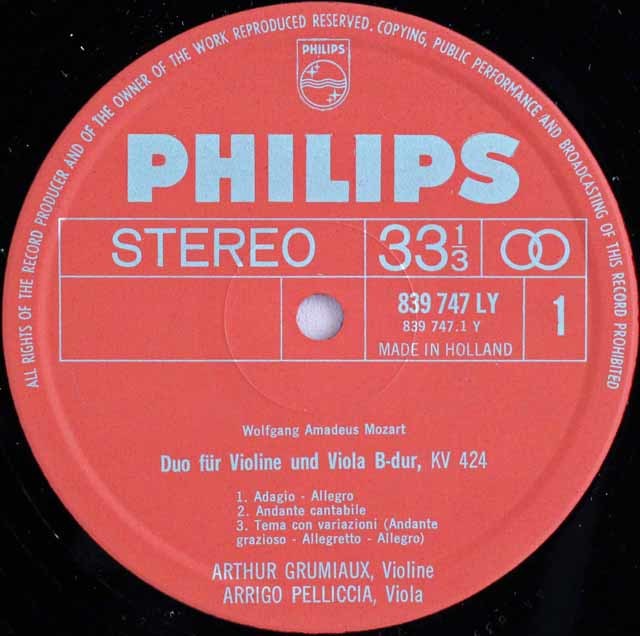 グリュミオー、ペリチアのモーツァルト、ホフマイスター/二重奏曲集 蘭PHILIPS 3595 LP レコード