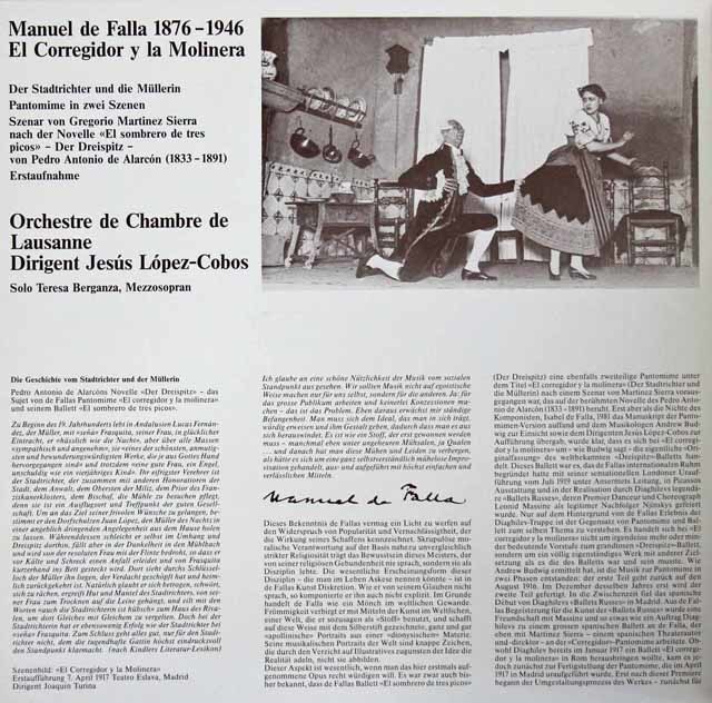 ベルガンサ、ロペス=コボスのファリャ/「お代官様と粉屋の女房」 スイスClaves 3595 LP レコード